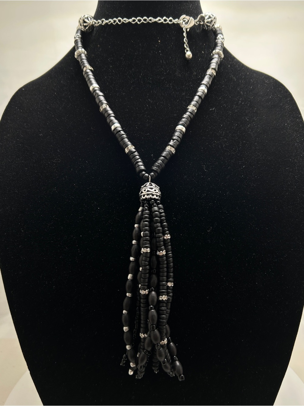 Chico’s, Silver And Black Wood Heshi Beaded Long Tassel Necklace